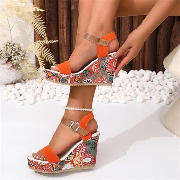 Women's Thick Bottom Wedge Heel Summer Flower Pattern High Heel
